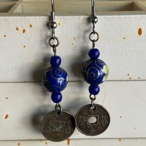 Vintage Chinese Cloisonne earrings with Qing Guanxu Coin